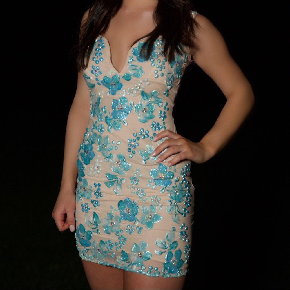 Cream and blue mini dress